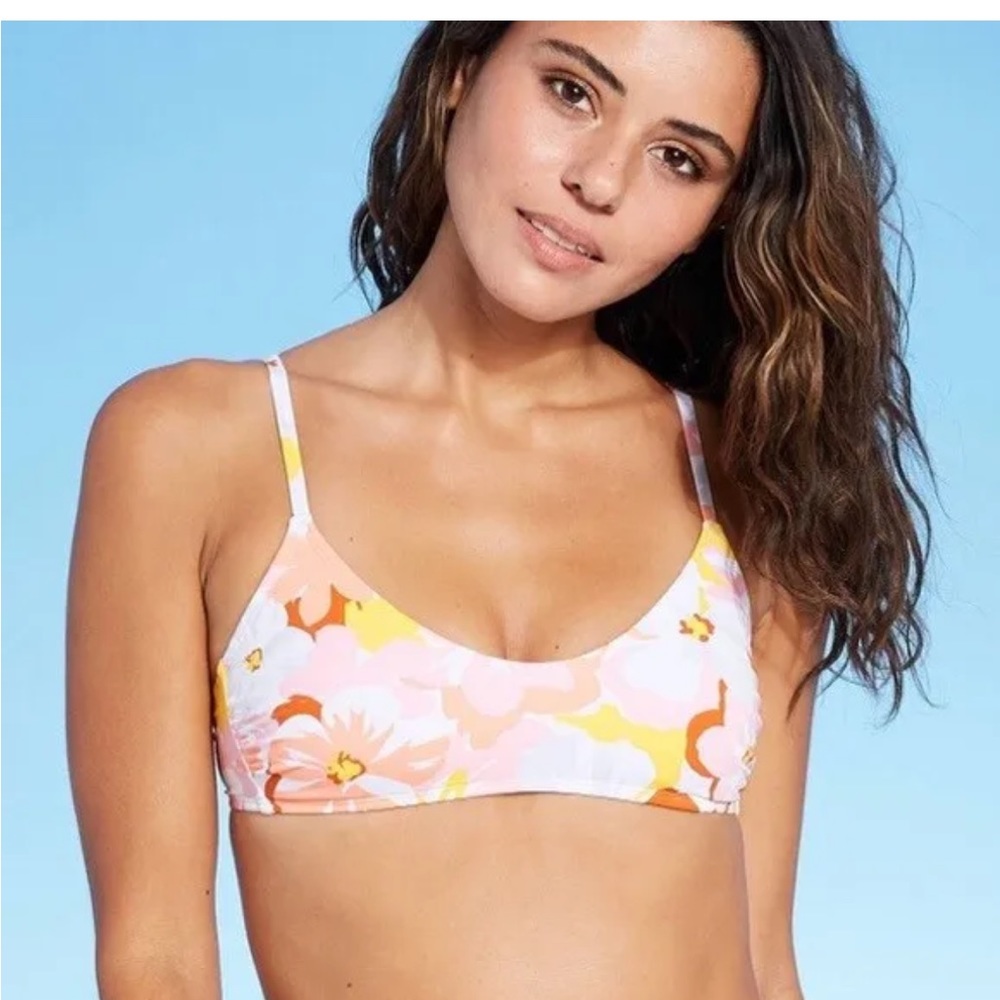 🔴3/$18 NWT Xhilaration Juniors' Bralette Bikini Top Pink Floral Size S (0-2)